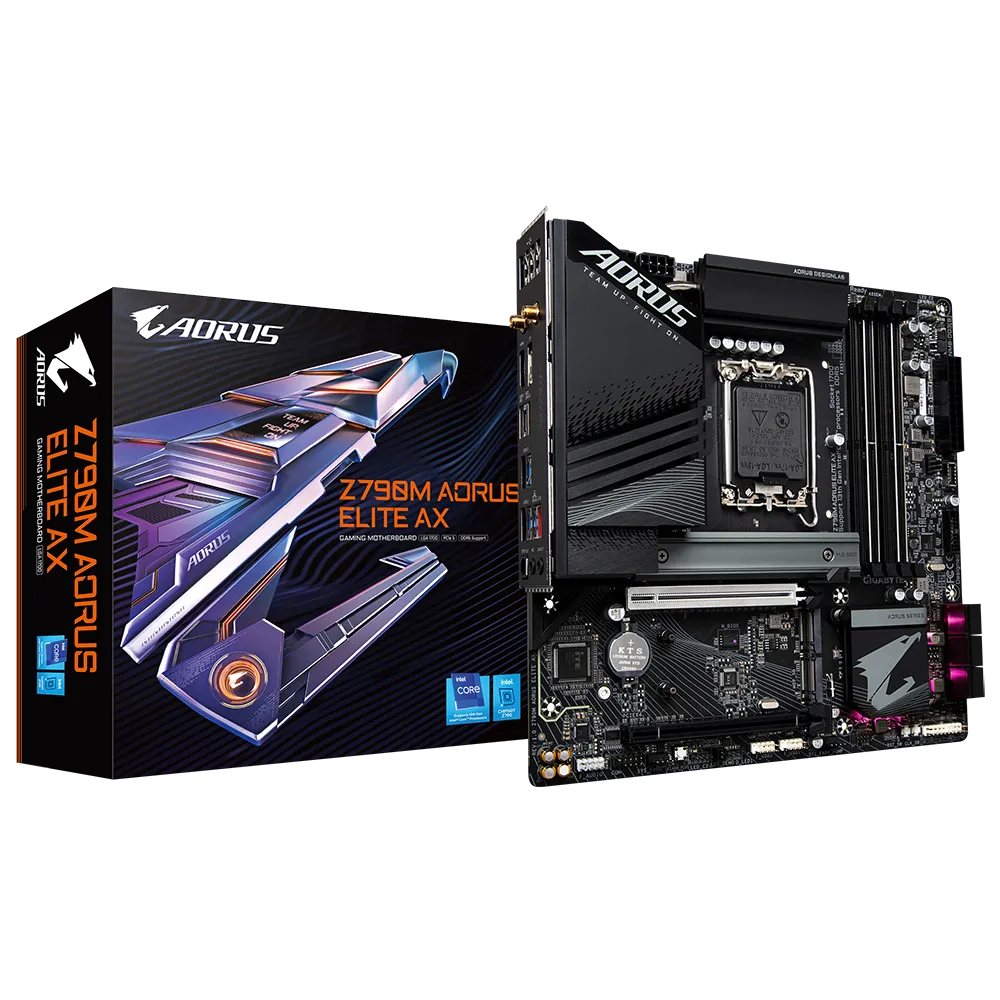 Gigabyte Z790M AORUS ELITE AX Micro ATX Motherboard for 14th, 13th, 12th Gen Intel CPUs, DDR5 7600MHz, PCIe 5.0, WiFi 6E, 2.5GbE LAN, USB 3.2 Gen 2x2, HDMI 2.1, Dual M.2 Slots.