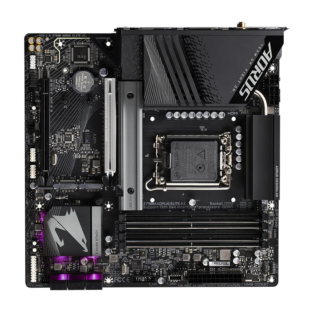 Gigabyte Z790M AORUS ELITE AX Micro ATX Motherboard for 14th, 13th, 12th Gen Intel CPUs, DDR5 7600MHz, PCIe 5.0, WiFi 6E, 2.5GbE LAN, USB 3.2 Gen 2x2, HDMI 2.1, Dual M.2 Slots.