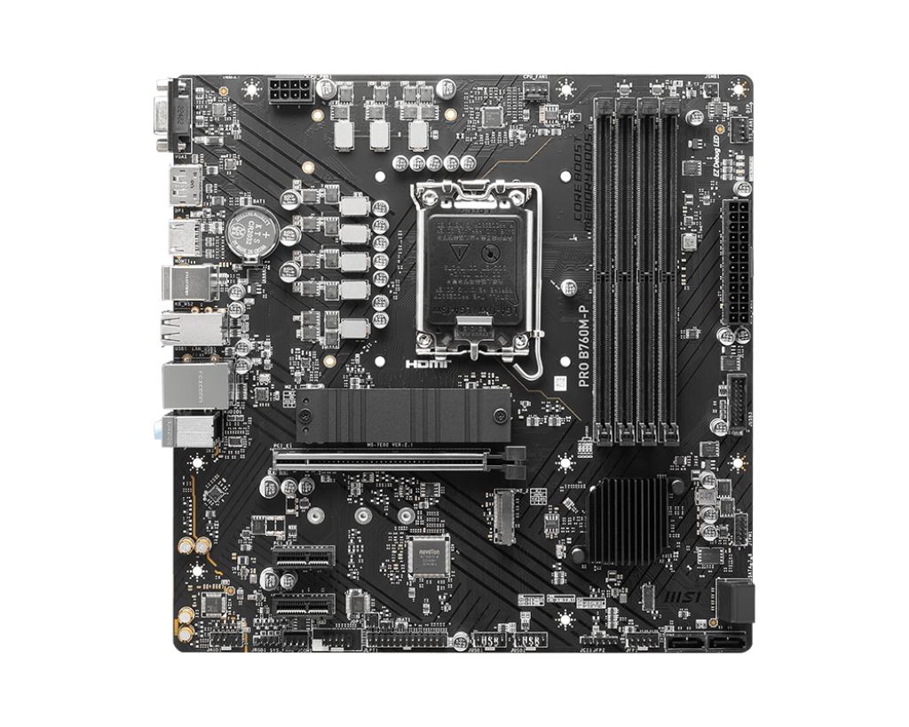 MSI PRO B760M-P Motherboard - INTEL B760 Chipset, LGA 1700, DDR5 6800+(OC) Memory Support, PCIe 4.0, RAID Support, Realtek RTL8111H Gigabit LAN, Realtek ALC897 Codec Audio, mATX Size