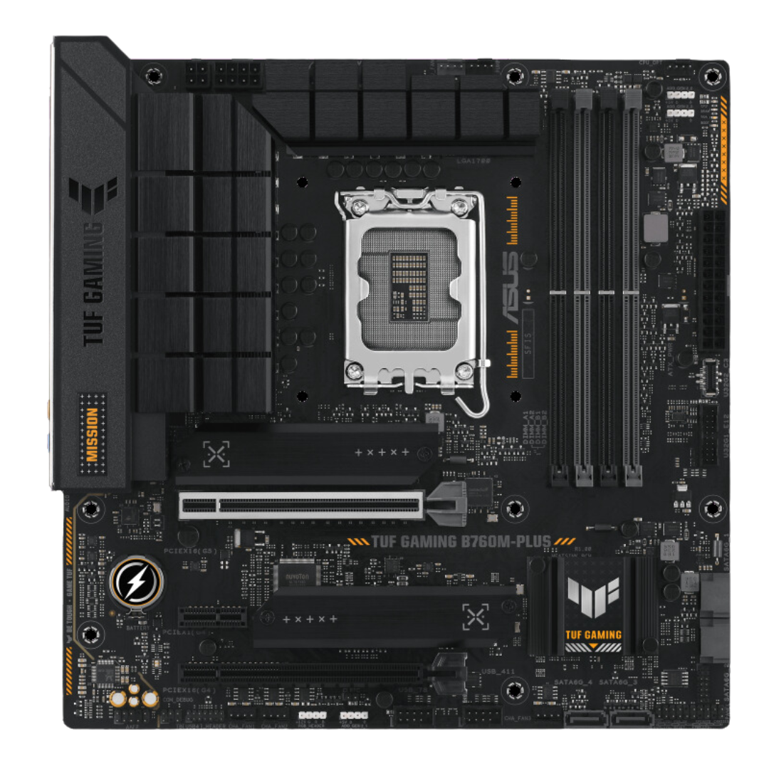 Asus TUF Gaming B760M-Plus Motherboard, Intel LGA1700, DDR5 7800+ (OC), PCIe 5.0 x16, 3 x M.2 Slots, 4 x SATA 6Gb/s, Realtek 2.5Gb Ethernet.