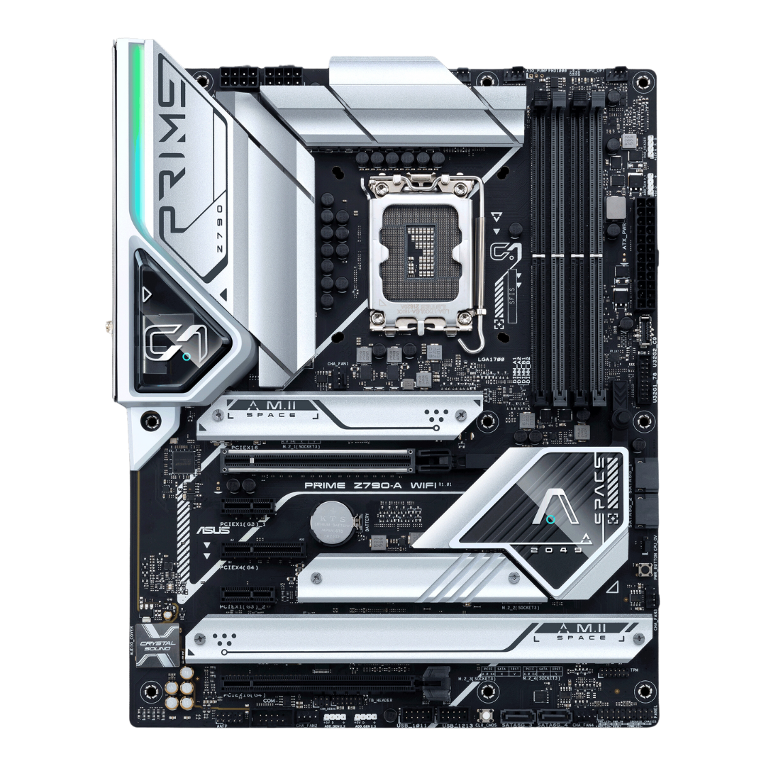 ASUS Z790 A-PRIME WI-FI DDR5 Motherboard. Support for Intel Core™ 14, 13, and 12 Gen Processors. 192GB, DDR5 7200+ Max Memory. 4 x USB 3.2 Gen 2 ports. Wi-Fi 6E & Bluetooth v5.3. M.2_4 slot support for PCIe 4.0 x4 & SATA modes.