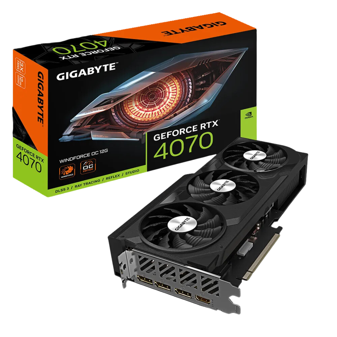 Gigabyte RTX 4070 12GB WindForce OC Graphics Card - 2490 MHz Core Clock, 5888 CUDA Cores, GDDR6X Memory, PCI-E 4.0, 7680x4320 Resolution.