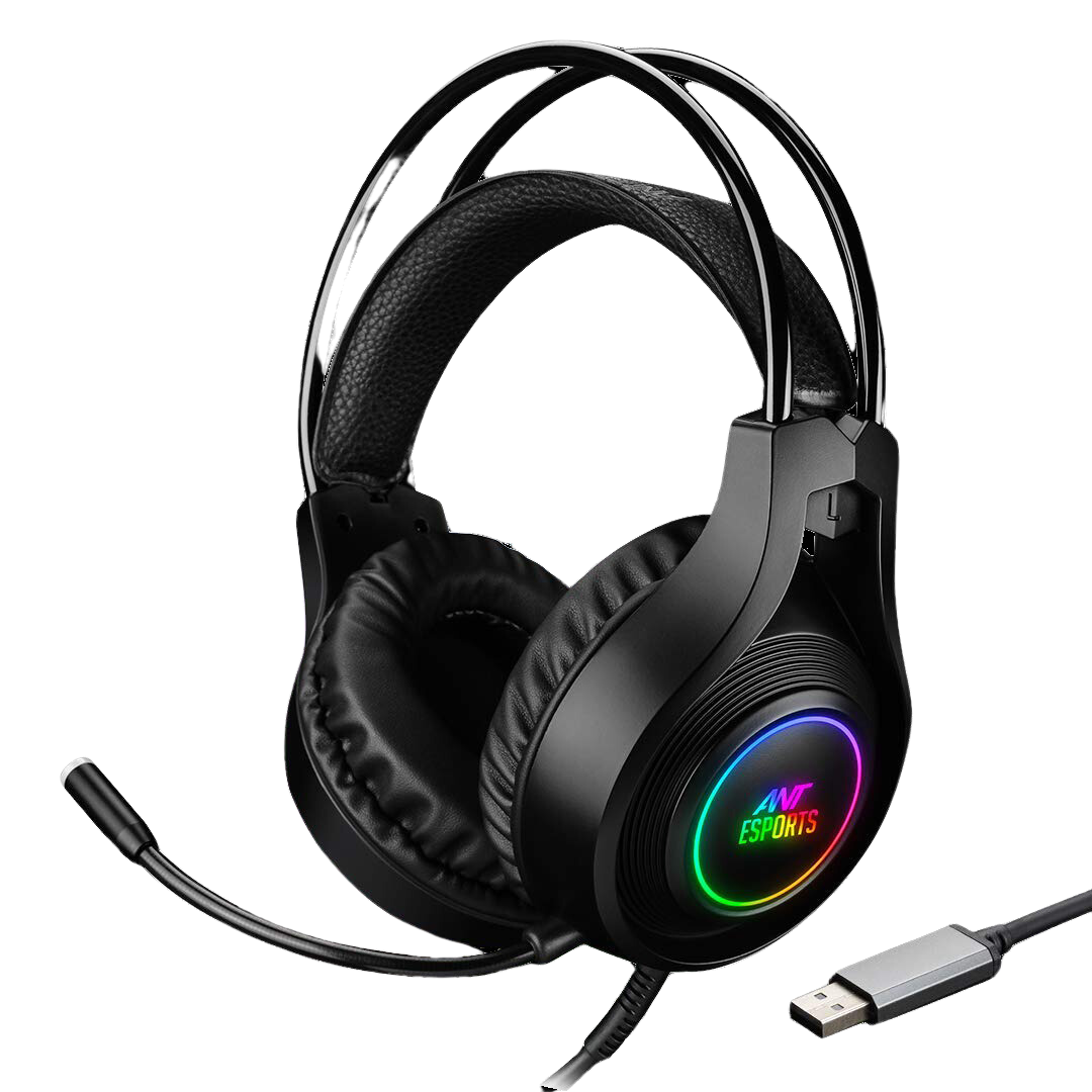 Ant Esports H570 USB 7.1 Surround Sound Gaming Headset- Black 7.1 Channel Stereo, 50mm Speaker, Noise-canceling Mic, USB Connectors, RGB LED lights