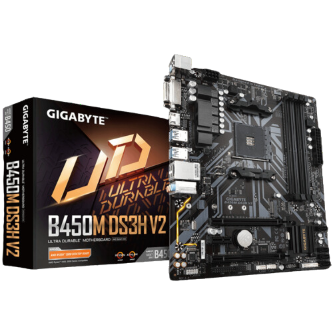 Gigabyte B450M DS3H V2 Micro ATX Motherboard with AMD B450 chipset, DDR4 support up to 128GB, PCIe 3.0, HDMI 2.0, and LAN support.