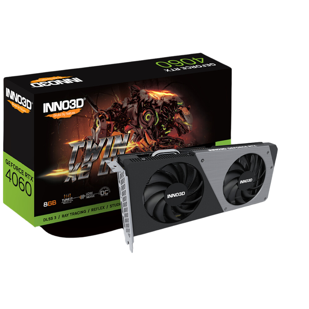Inno3d RTX 4060 Twin X2 OC 8GB Graphics Card with Real-Time Ray Tracing, 3072 CUDA Cores, and 128-bit GDDR6 Memory Interface Width.