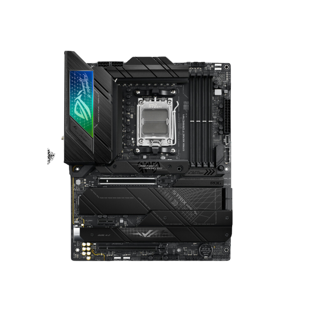 ASUS ROG STRIX X670E-F GAMING WIFI - ATX Motherboard with AMD X670 Chipset, Wi-Fi 6E, Bluetooth v5.2, 1 x USB 3.2 Gen 2x2 port, and M.2 heatsinks.