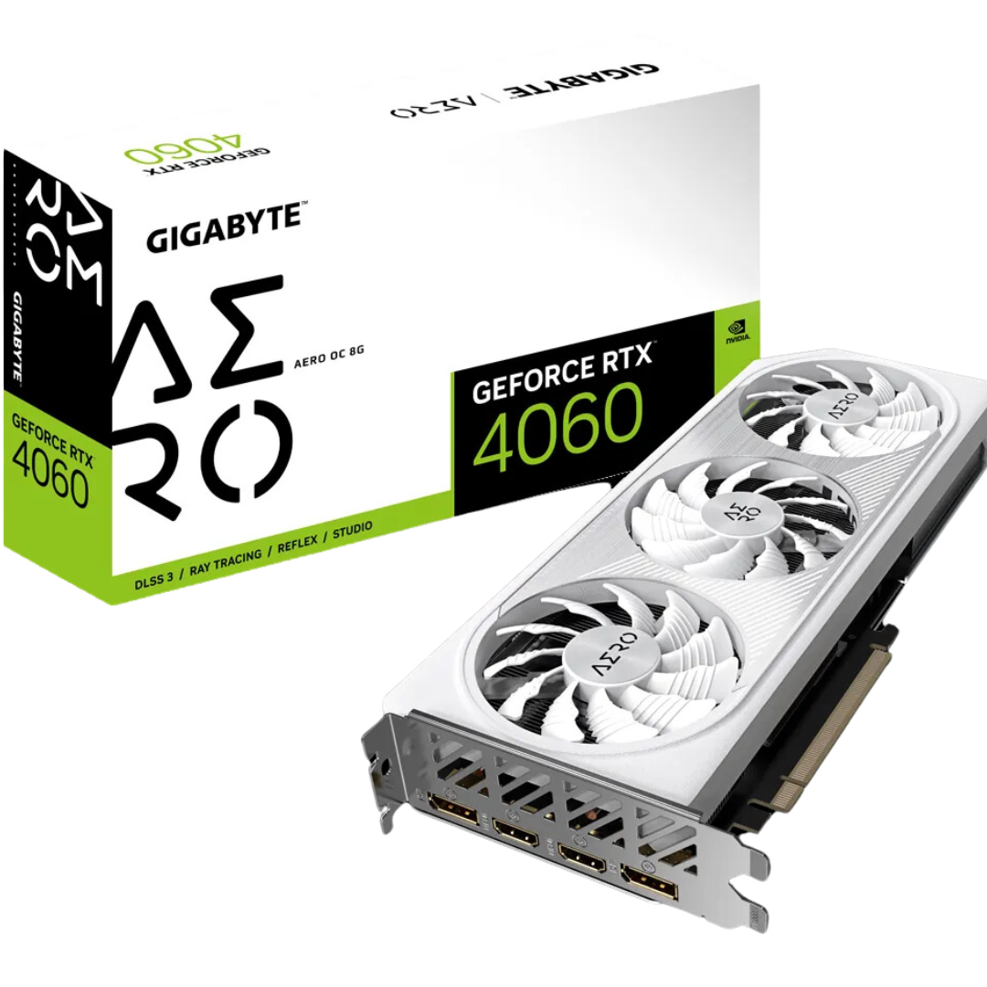 Gigabyte RTX 4060 AERO OC 8GB DDR6 Graphics Card - GeForce RTX™ 4060 Ti, 2580 MHz, 8GB GDDR6, 7680x4320 resolution.