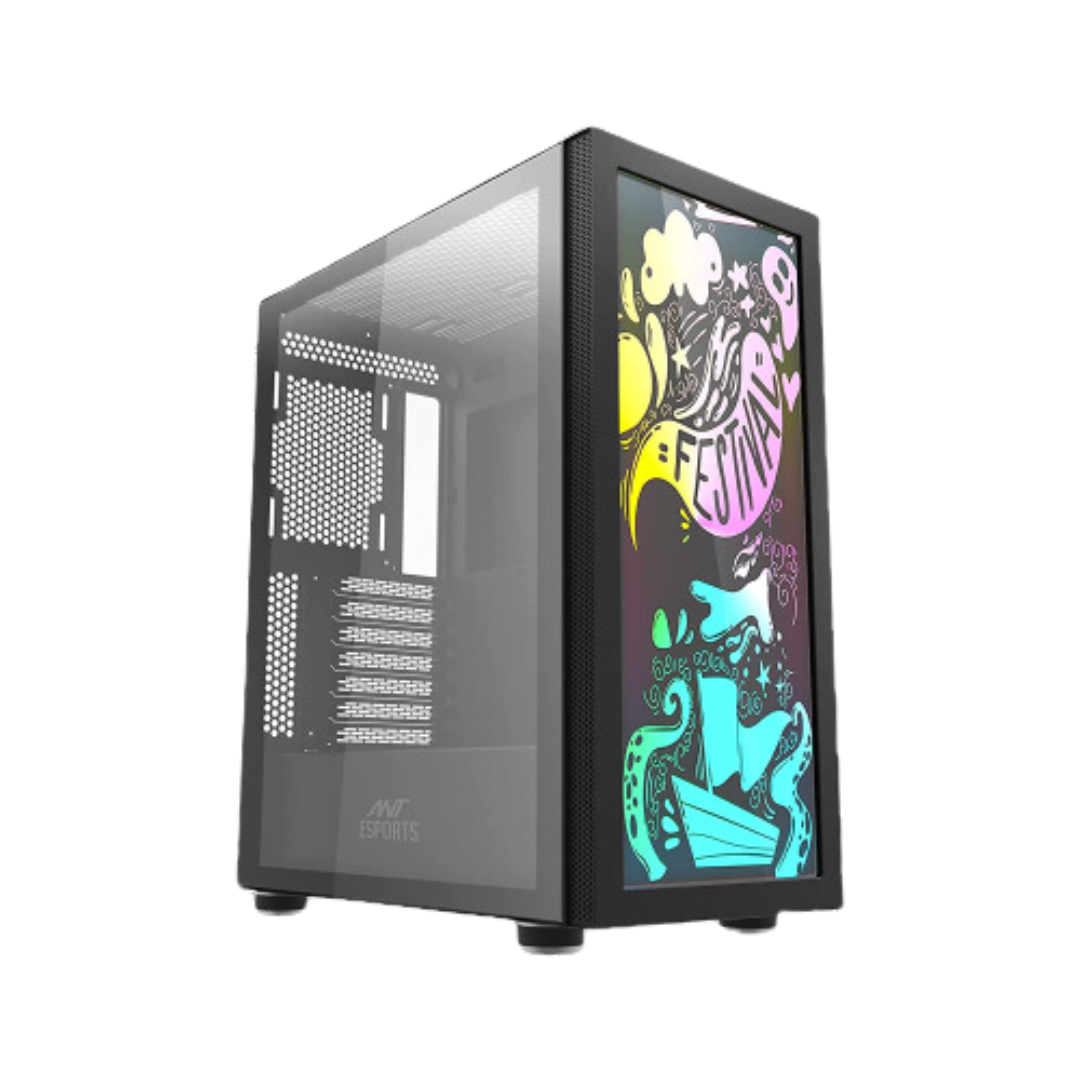 Ant Esports Graffiti ATX Black Cabinet - Tempered Glass, 360 Radiator Support