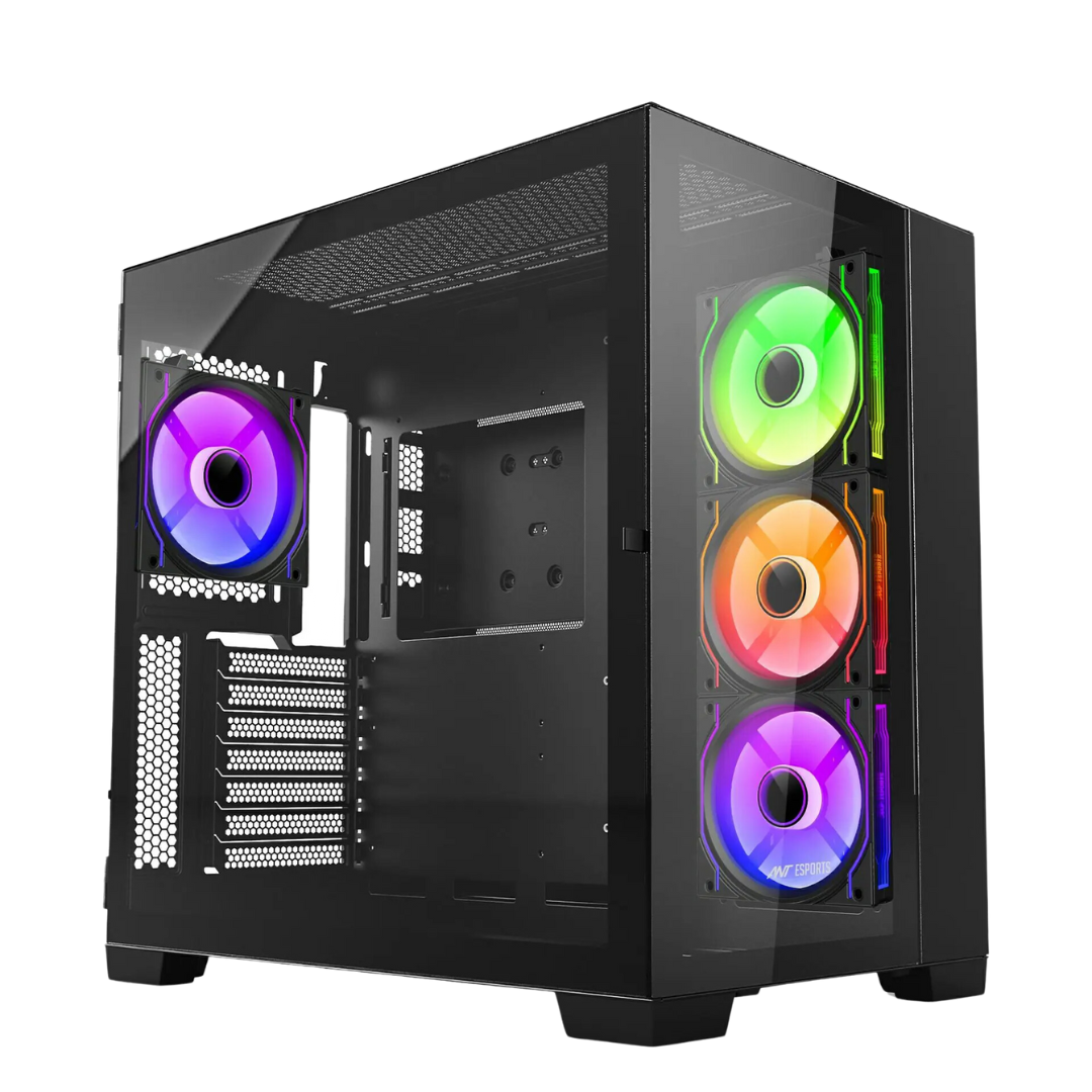 Ant Esports Crystal XL ATX Chassis - Black Tempered Glass - 3 Front Fans - USB 3.0 - 440mm VGA Card Length
