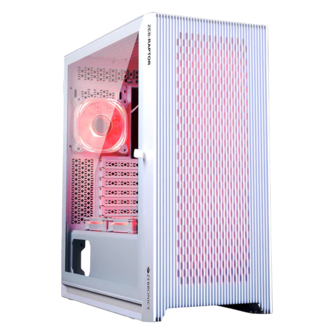 Zebronics Raptor White Mid Tower Computer Case with Inner Glow ARGB LED Fan and Tempered Glass Side Panel