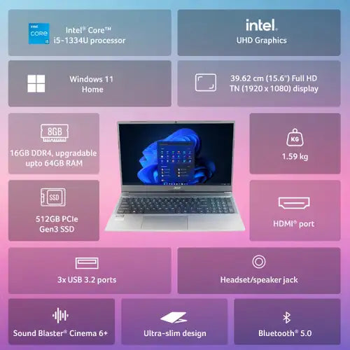 Acer Aspire Lite (AL15-53) Gaming Laptop Intel Core i5-1334U, Intel UHD Graphics, 16 GB, 512GB SSD, 15.6" FHD, UN.34ESI.00J
