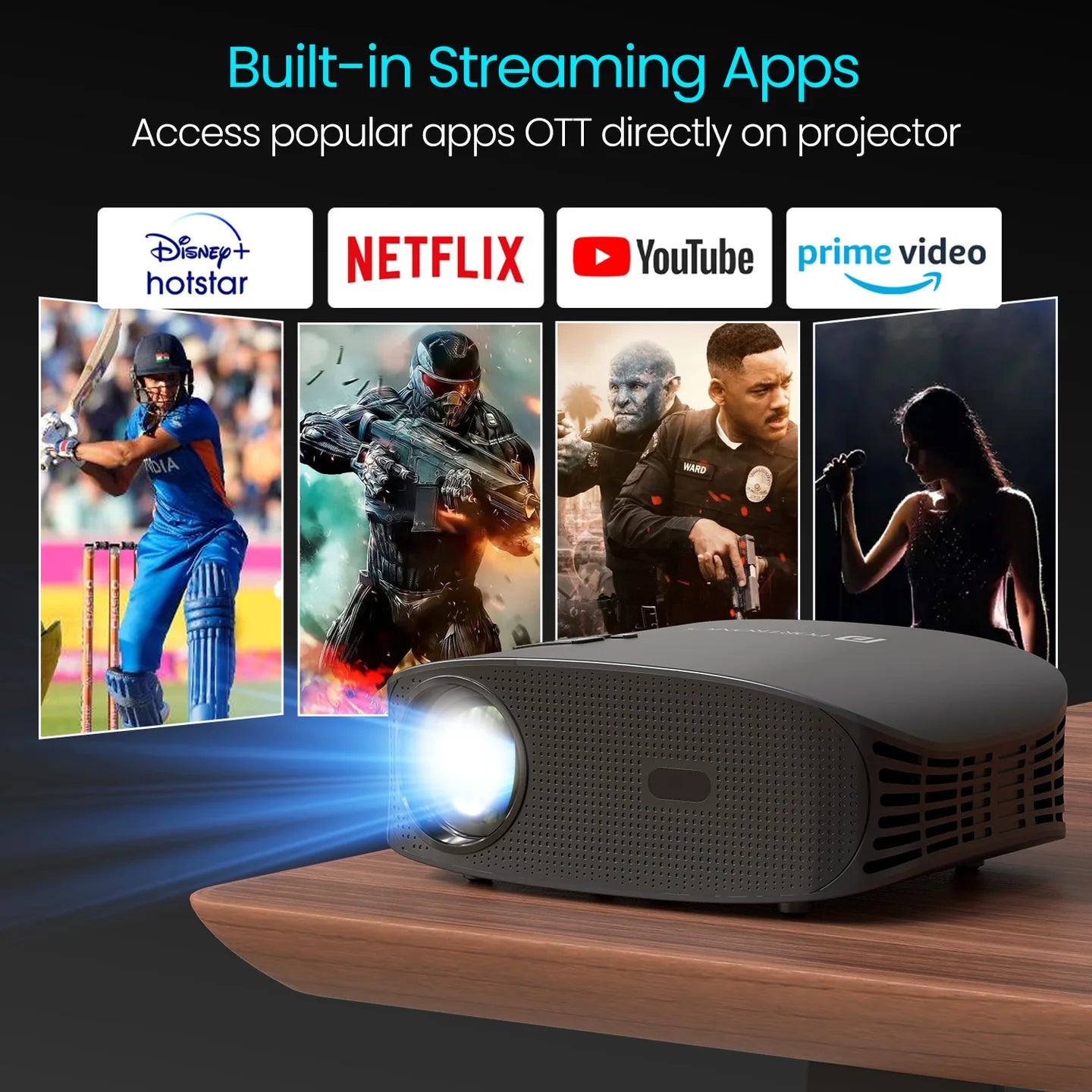 PORTRONICS Beem 490 6000 Lumens Smart Led Projector | Streaming Apps | 1080p Full HD | 6000 Lumens | 5W Speaker