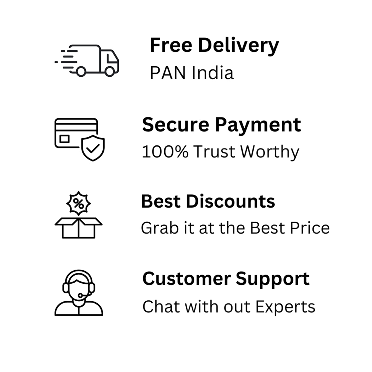 List of shopping benefits with icons and text on a white background
