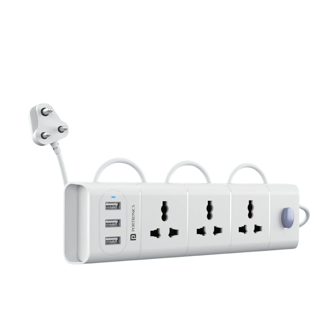 PORTRONICS Power Plate 8 - 3 Power Sockets, 3 USB Ports - 1500W - White