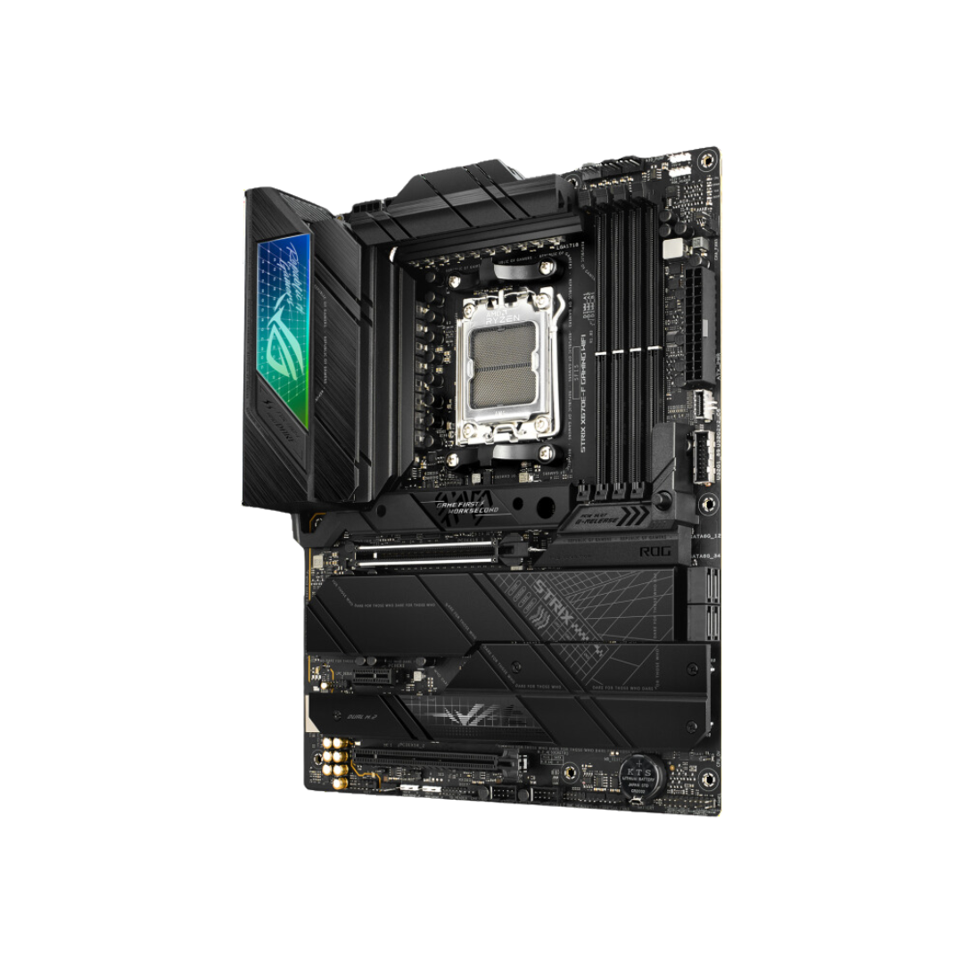 ASUS ROG STRIX X670E-F GAMING WIFI - ATX Motherboard with AMD X670 Chipset, Wi-Fi 6E, Bluetooth v5.2, 1 x USB 3.2 Gen 2x2 port, and M.2 heatsinks.