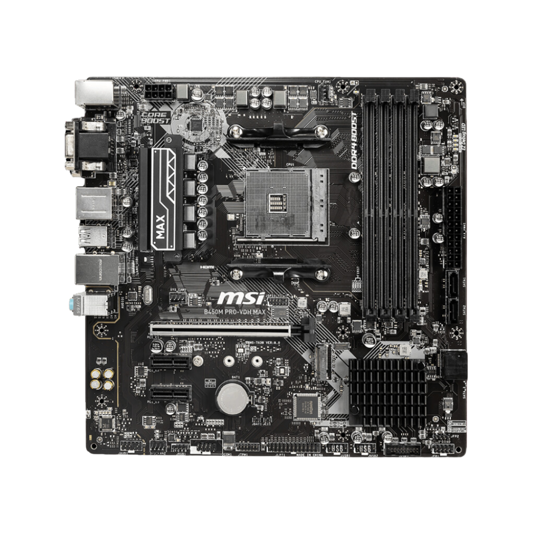 MSI B450M Pro-VDH Max AM4 Socket Motherboard - Ryzen 9 Support, AMD B450 Chipset, DDR4 Memory, Realtek 8111H LAN Controller, USB 3.2 Ports, m-ATX Form Factor