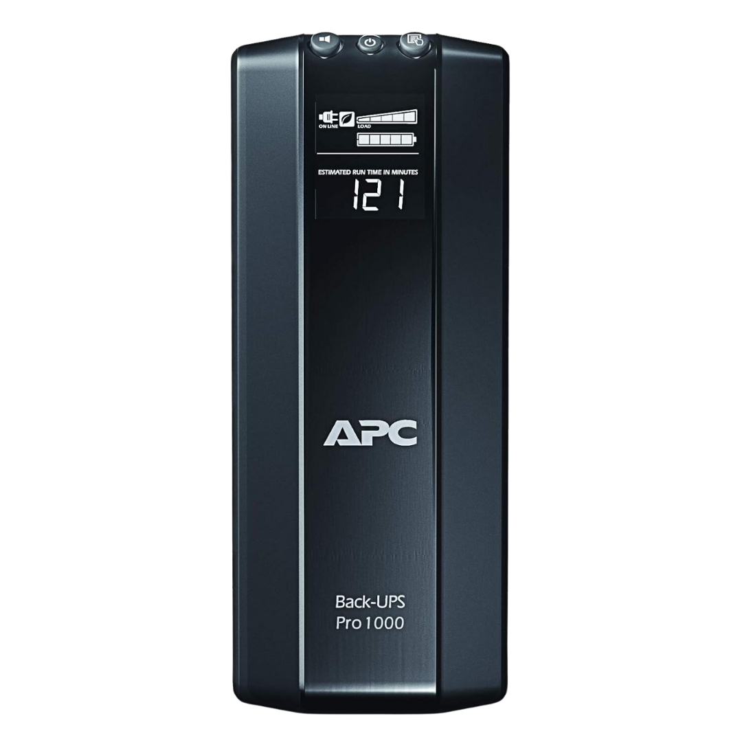 APC-1KVA (BR1000G) LCD UPS with 1000 VA for 600 W load, 120V input voltage, 8ms transfer time, USB interface.