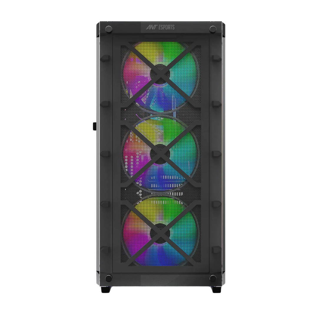 Ant Esports ICE-5000 RGB Black Gaming Cabinet - E-ATX, ATX, Micro-ATX, Mini-ITX, 3.5" x2, 2.5" x3, 120mm x3 ARGB Front Fans, 380mm VGA Card Length, 175mm CPU Cooler Length, USB 2.0 x2, USB 3.0 x1, Audio In x1, Mic x1, LED Control Button x1