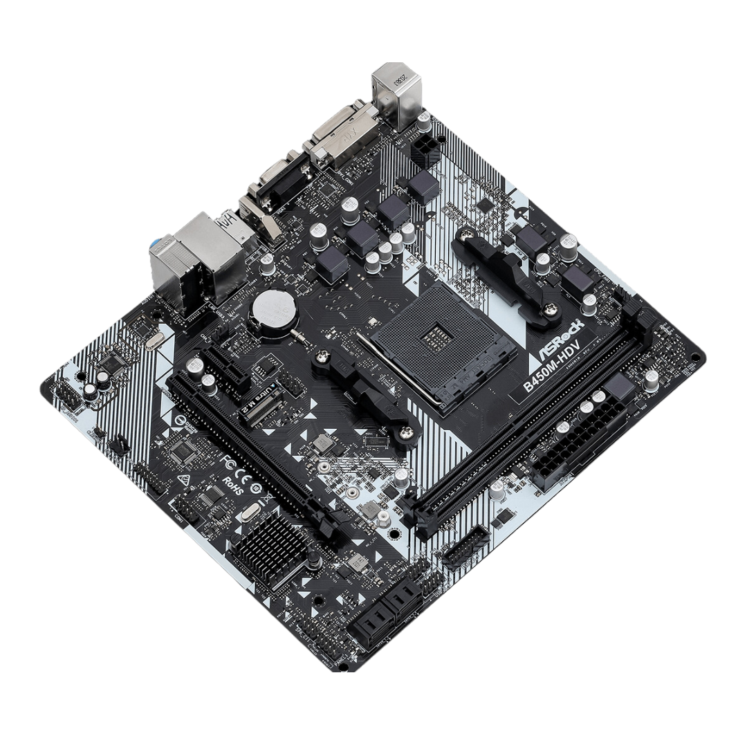 ASRock B450M-HDV R4.0 Micro ATX Motherboard with AMD AM4 Socket, PCIe Gen3 x4, and SATA3.