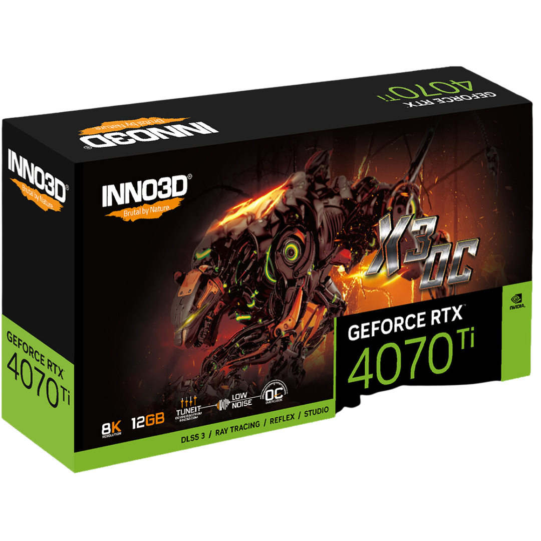 Inno3d RTX 4070 Ti Super X3 OC 16GB GDDR6X Gaming Graphics Card - 8448 CUDA Cores - 2640MHz Boost Clock - Real-Time Ray Tracing - 7680x4320 Max Resolution.