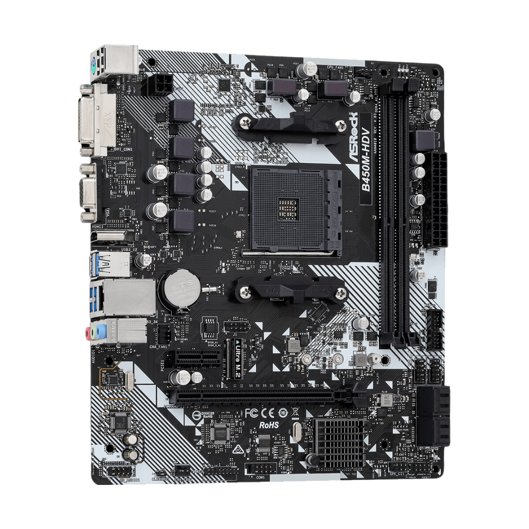 ASRock B450M-HDV R4.0 Micro ATX Motherboard with AMD AM4 Socket, PCIe Gen3 x4, and SATA3.