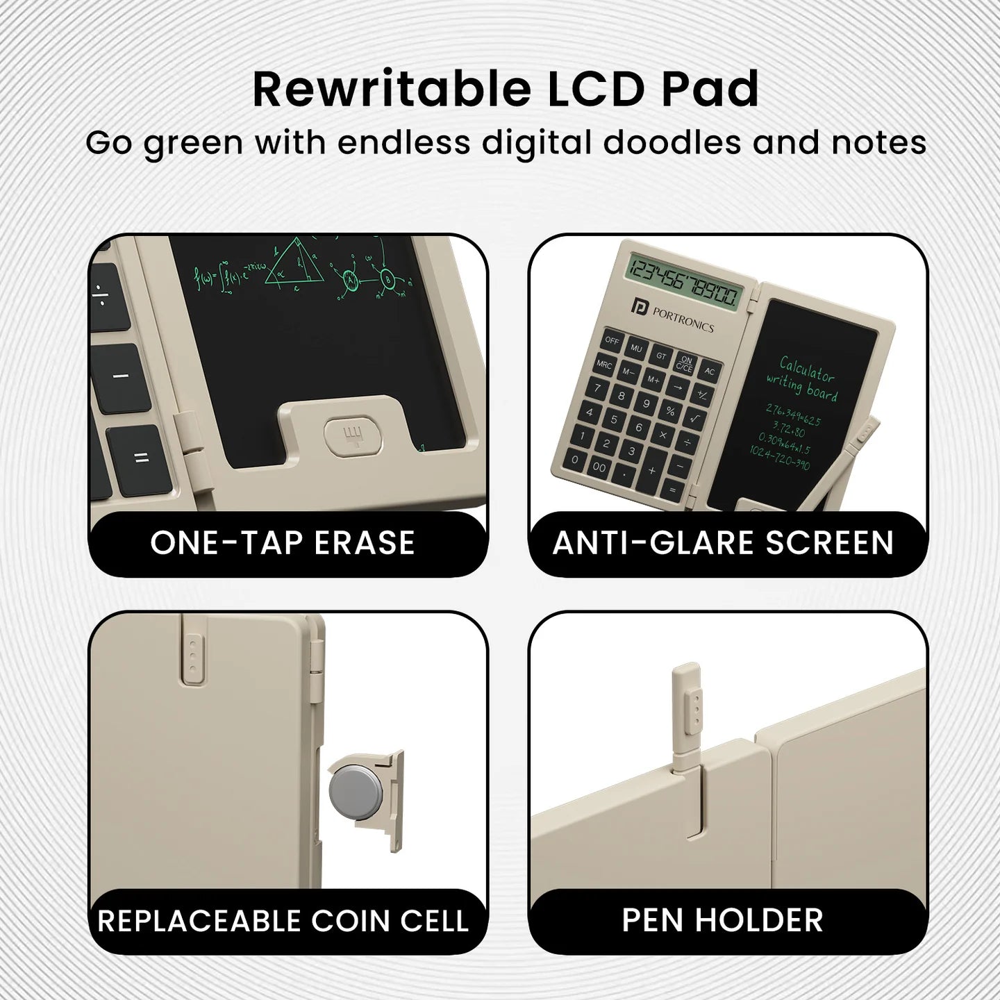 PORTRONICS Ruffpad Calc Mini 2 in 1 LCD Writing Pad With Digital Calculator | 12-Digit Calculator | One Tap Erase & Smart Lock | Versatile Tool for All Ages - | Buy Online at Shwetha Computers