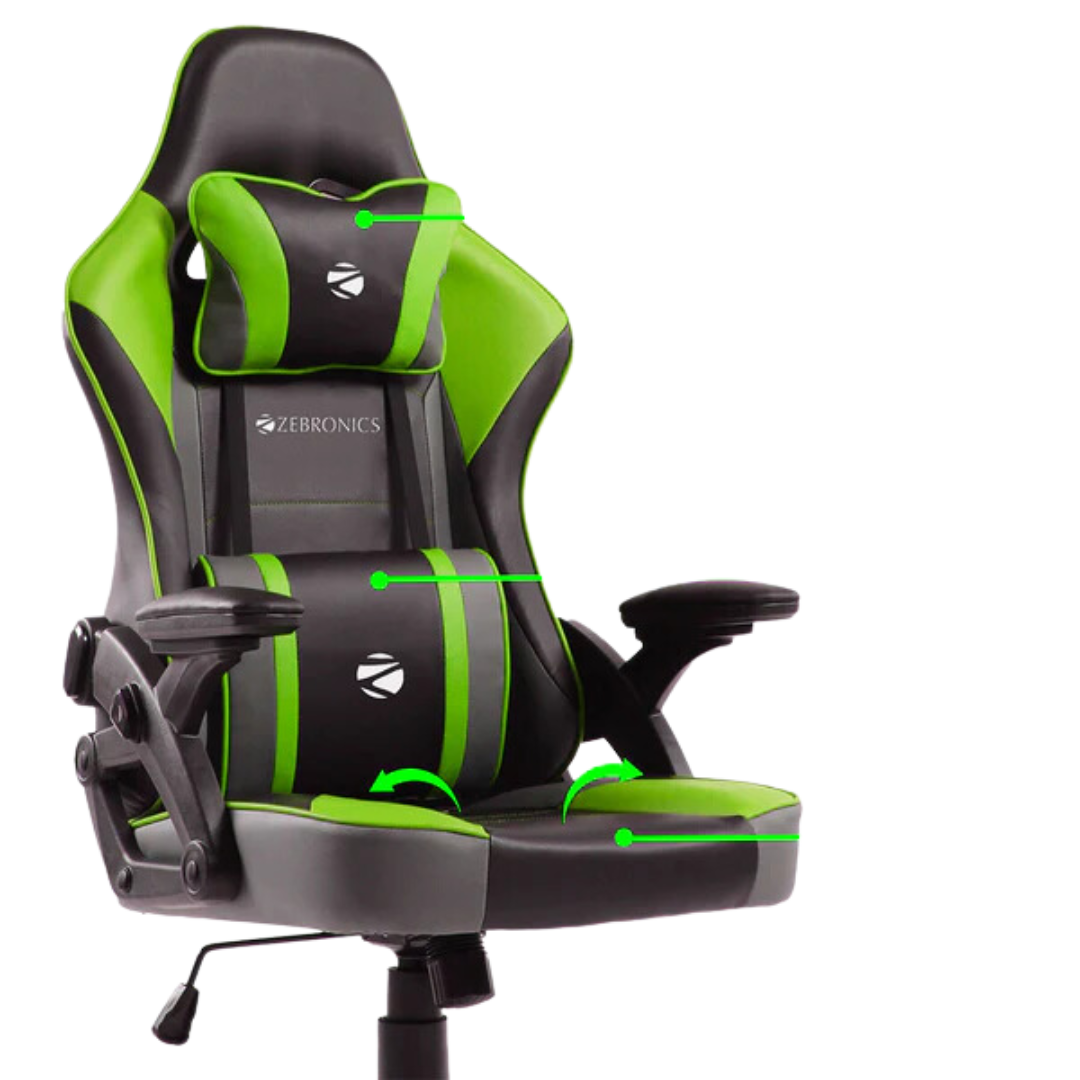 Zebronics Green Gaming Chair with 360° Swivel and 90-125° Adjustable Tilt Angle