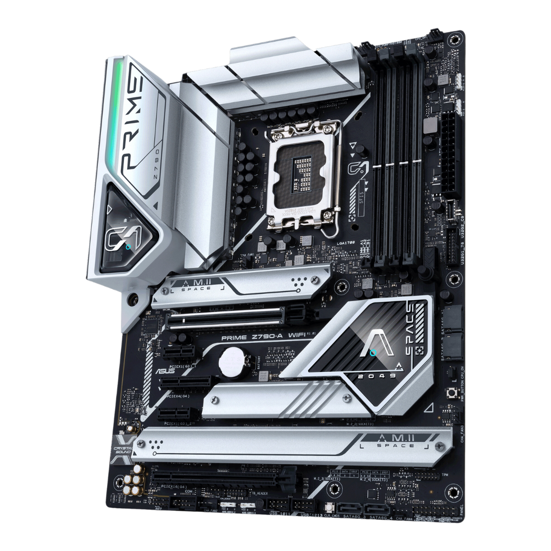 ASUS Z790 A-PRIME WI-FI DDR5 Motherboard. Support for Intel Core™ 14, 13, and 12 Gen Processors. 192GB, DDR5 7200+ Max Memory. 4 x USB 3.2 Gen 2 ports. Wi-Fi 6E & Bluetooth v5.3. M.2_4 slot support for PCIe 4.0 x4 & SATA modes.