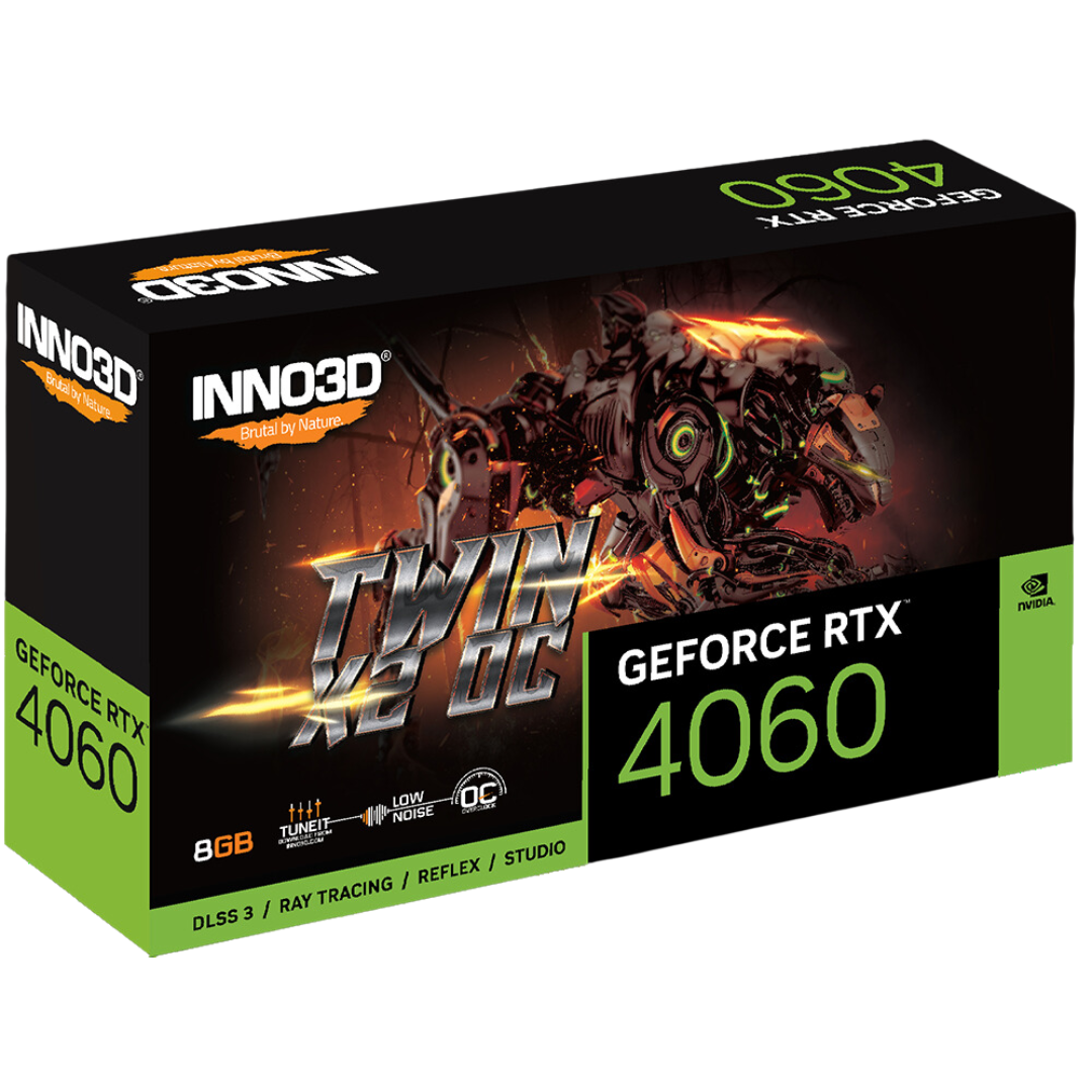 Inno3d RTX 4060 Twin X2 OC 8GB Graphics Card with Real-Time Ray Tracing, 3072 CUDA Cores, and 128-bit GDDR6 Memory Interface Width.