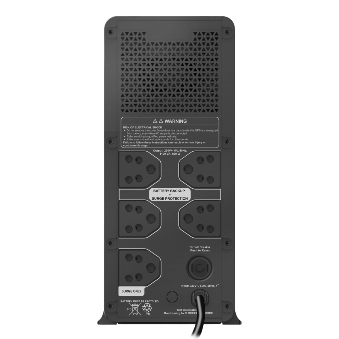 APC-1.1 KVA (BX1100) Line Interactive UPS - 1100 VA, 660 W, 230V, 4 India 3-pin 6A outlets