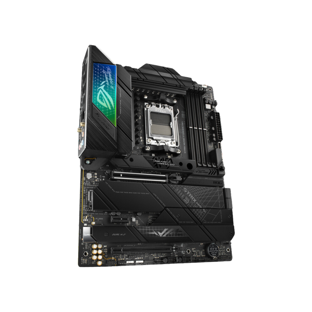 ASUS ROG STRIX X670E-F GAMING WIFI - ATX Motherboard with AMD X670 Chipset, Wi-Fi 6E, Bluetooth v5.2, 1 x USB 3.2 Gen 2x2 port, and M.2 heatsinks.