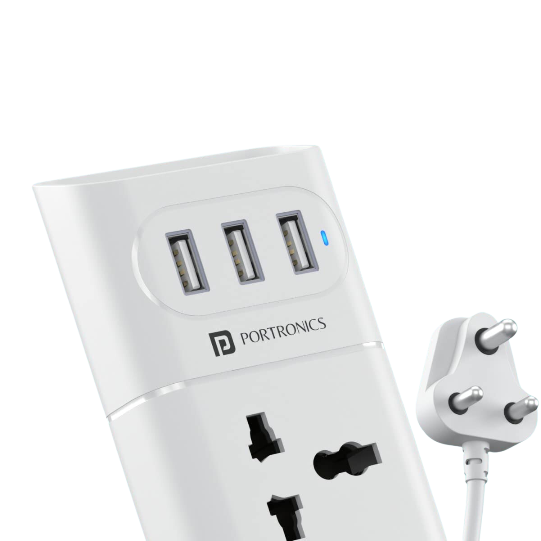 PORTRONICS Power Plate 8 - 3 Power Sockets, 3 USB Ports - 1500W - White