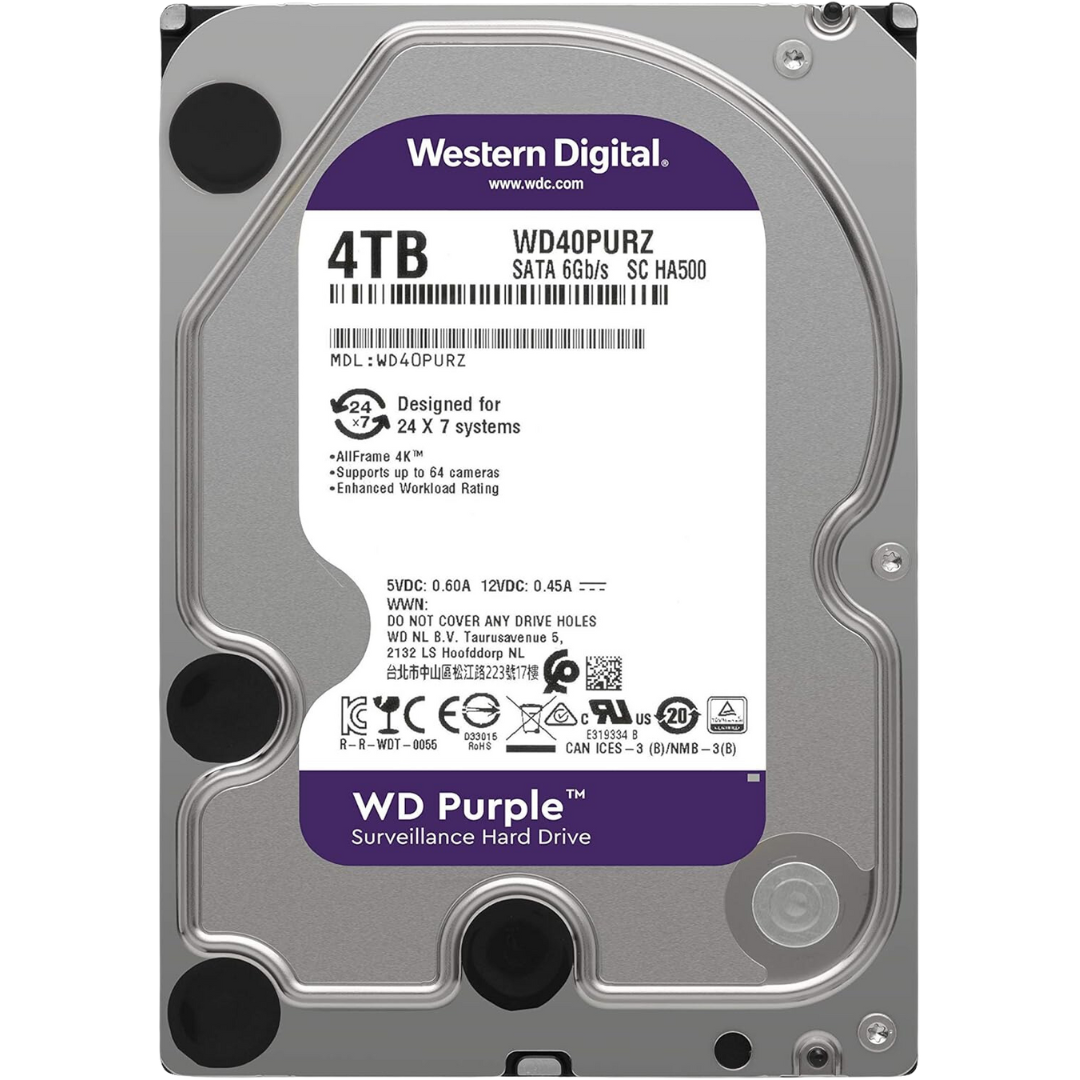 WD Purple 4TB Surveillance Hard Drive 64MB 5400RPM CMR SATA 110MB/s WD40PURZ