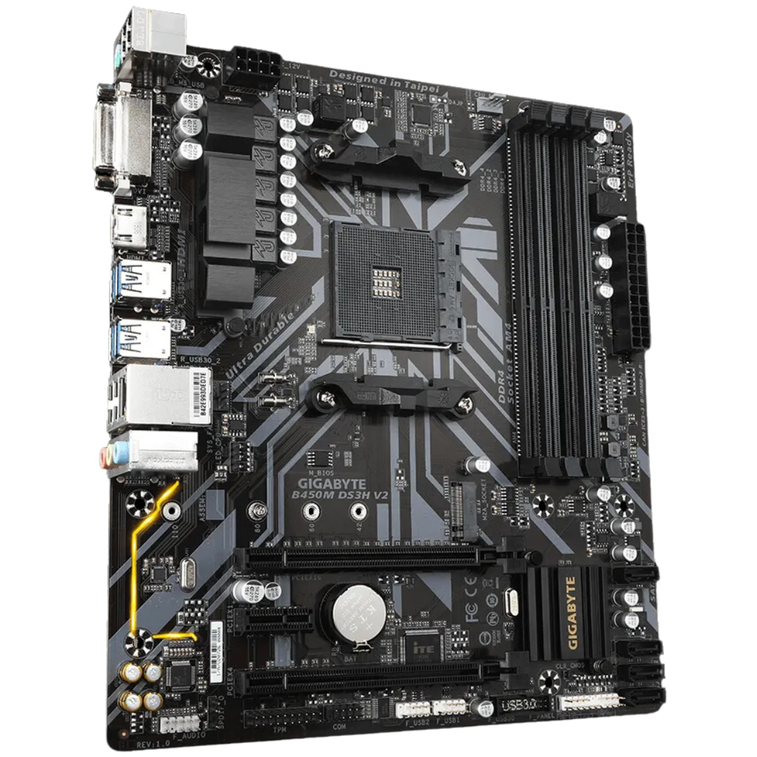 Gigabyte B450M DS3H V2 Micro ATX Motherboard with AMD B450 chipset, DDR4 support up to 128GB, PCIe 3.0, HDMI 2.0, and LAN support.