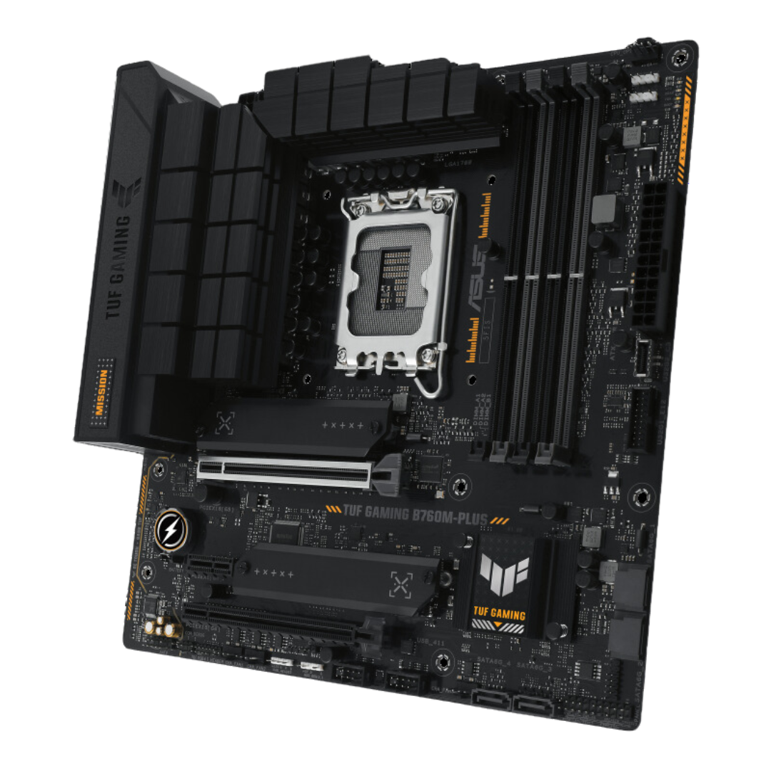 Asus TUF Gaming B760M-Plus Motherboard, Intel LGA1700, DDR5 7800+ (OC), PCIe 5.0 x16, 3 x M.2 Slots, 4 x SATA 6Gb/s, Realtek 2.5Gb Ethernet.