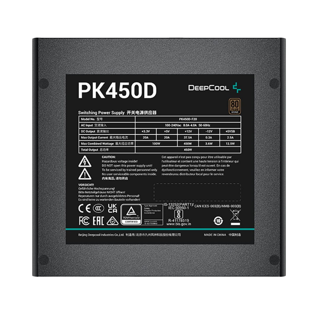 DeepCool PK450D UK 450W Power Supply - ATX12V V2.4, 80PLUS Bronze, 120mm Fan, Active PFC, Taiwan Capacitors, 5 Year Warranty