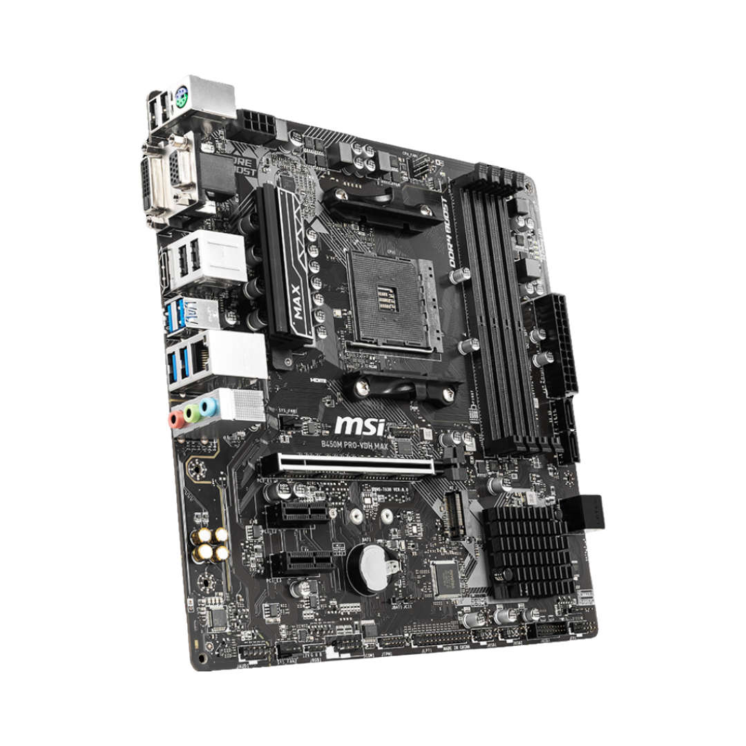 MSI B450M Pro-VDH Max AM4 Socket Motherboard - Ryzen 9 Support, AMD B450 Chipset, DDR4 Memory, Realtek 8111H LAN Controller, USB 3.2 Ports, m-ATX Form Factor