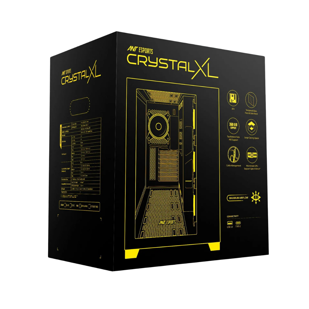 Ant Esports Crystal XL ATX Chassis - Black Tempered Glass - 3 Front Fans - USB 3.0 - 440mm VGA Card Length