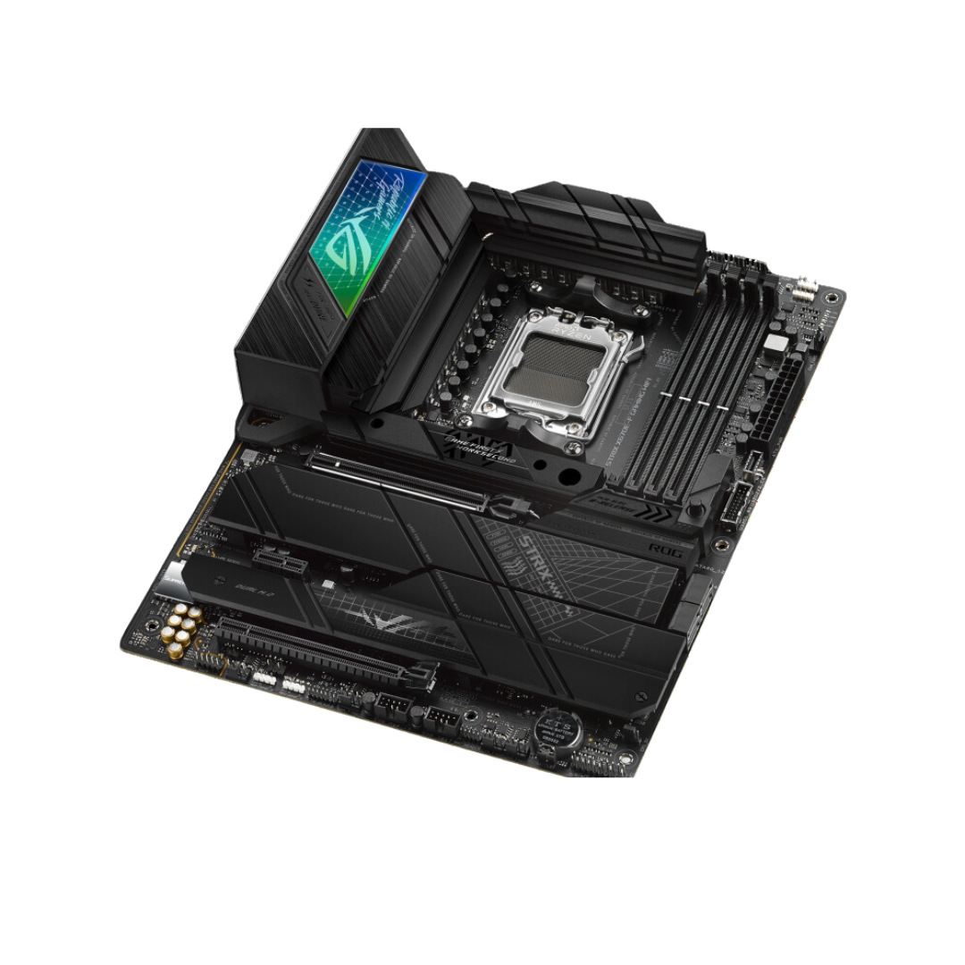 ASUS ROG STRIX X670E-F GAMING WIFI - ATX Motherboard with AMD X670 Chipset, Wi-Fi 6E, Bluetooth v5.2, 1 x USB 3.2 Gen 2x2 port, and M.2 heatsinks.