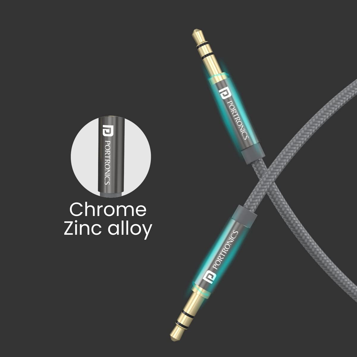 PORTRONICS Konnect Aux 7 High Quality 3.5mm Aux Cable | Strechable | Universal Compatibility | Quality Material | Crome Zinc Alloy