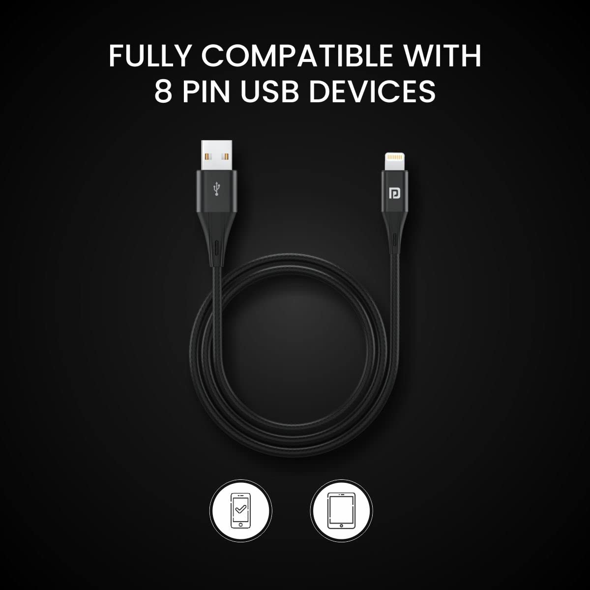 PORTRONICS Konnect B Plus 8 Pin USB Cable | Nylon Braided 8 Pin USB Cable With Metal Heads - | Buy Online at Shwetha Computers