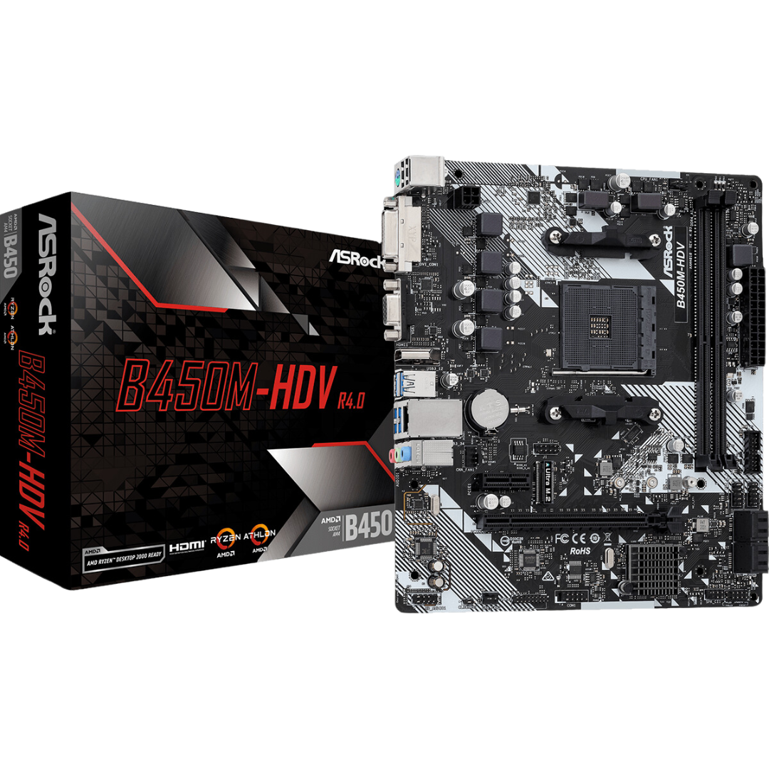 ASRock B450M-HDV R4.0 Micro ATX Motherboard with AMD AM4 Socket, PCIe Gen3 x4, and SATA3.