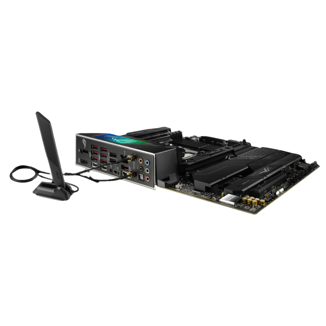 ASUS ROG STRIX X670E-F GAMING WIFI - ATX Motherboard with AMD X670 Chipset, Wi-Fi 6E, Bluetooth v5.2, 1 x USB 3.2 Gen 2x2 port, and M.2 heatsinks.