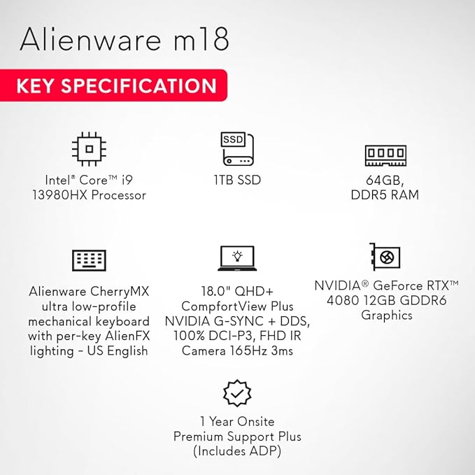 Dell Alienware m18 R1 Gaming Laptop Core i9-13980HX processor, 64GB RAM, 1TB SSD, NVIDIA RTX 4090, 16GB GDDR6, 18" QHD, ANM18I0UCFG001CRB1