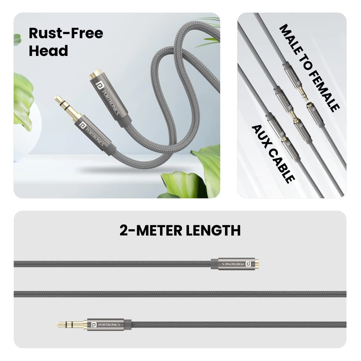 PORTRONICS Konnect Aux 8 High Quality Male to Female Aux Cable | nylon Braided | Universal Compatible | No Tangle | Metal Heads - | Buy Online at Shwetha Computers