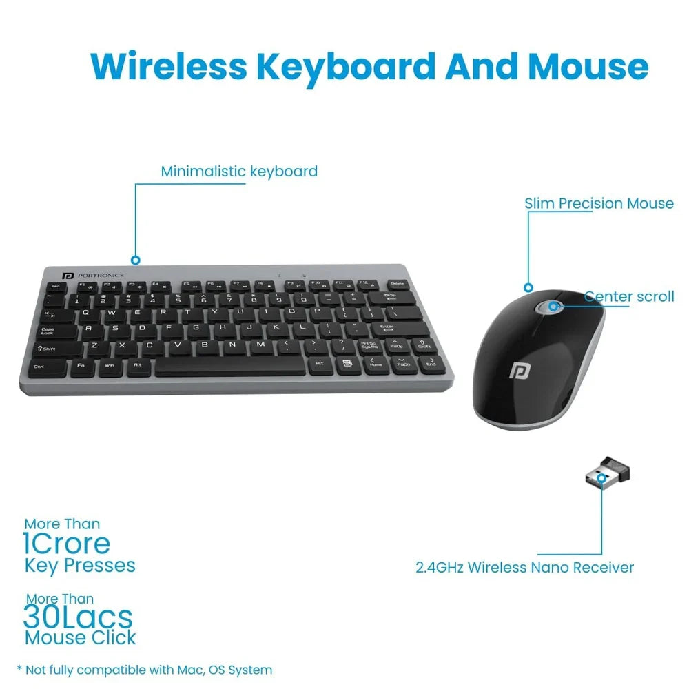 PORTRONICS Key 2 Combo Multimedia Wireless Keyboard & Mouse 2.4 GHz Wireless | Tenkeyless Size | Single USB Receiver | High-Precision Mouse