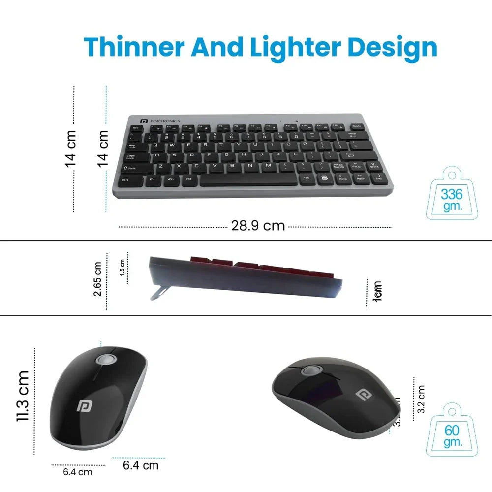 PORTRONICS Key 2 Combo Multimedia Wireless Keyboard & Mouse 2.4 GHz Wireless | Tenkeyless Size | Single USB Receiver | High-Precision Mouse