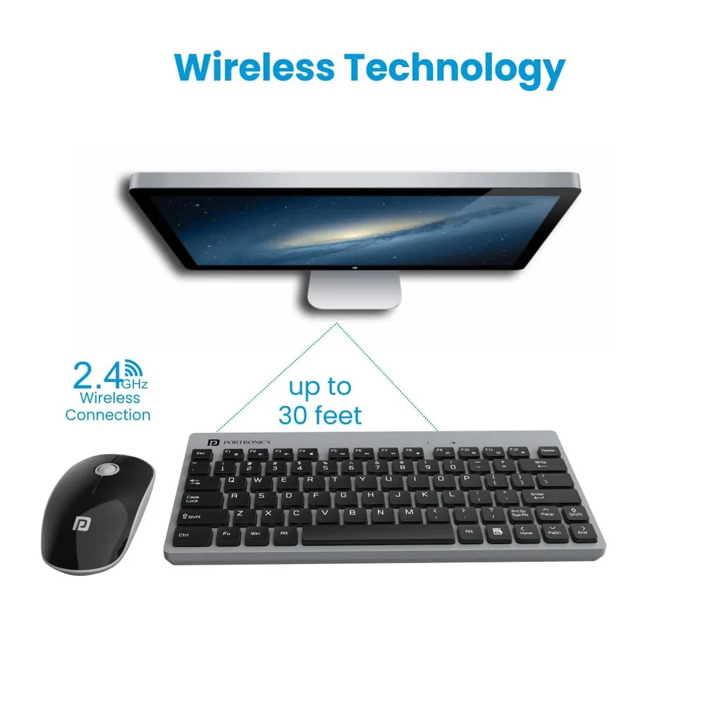 PORTRONICS Key 2 Combo Multimedia Wireless Keyboard & Mouse 2.4 GHz Wireless | Tenkeyless Size | Single USB Receiver | High-Precision Mouse