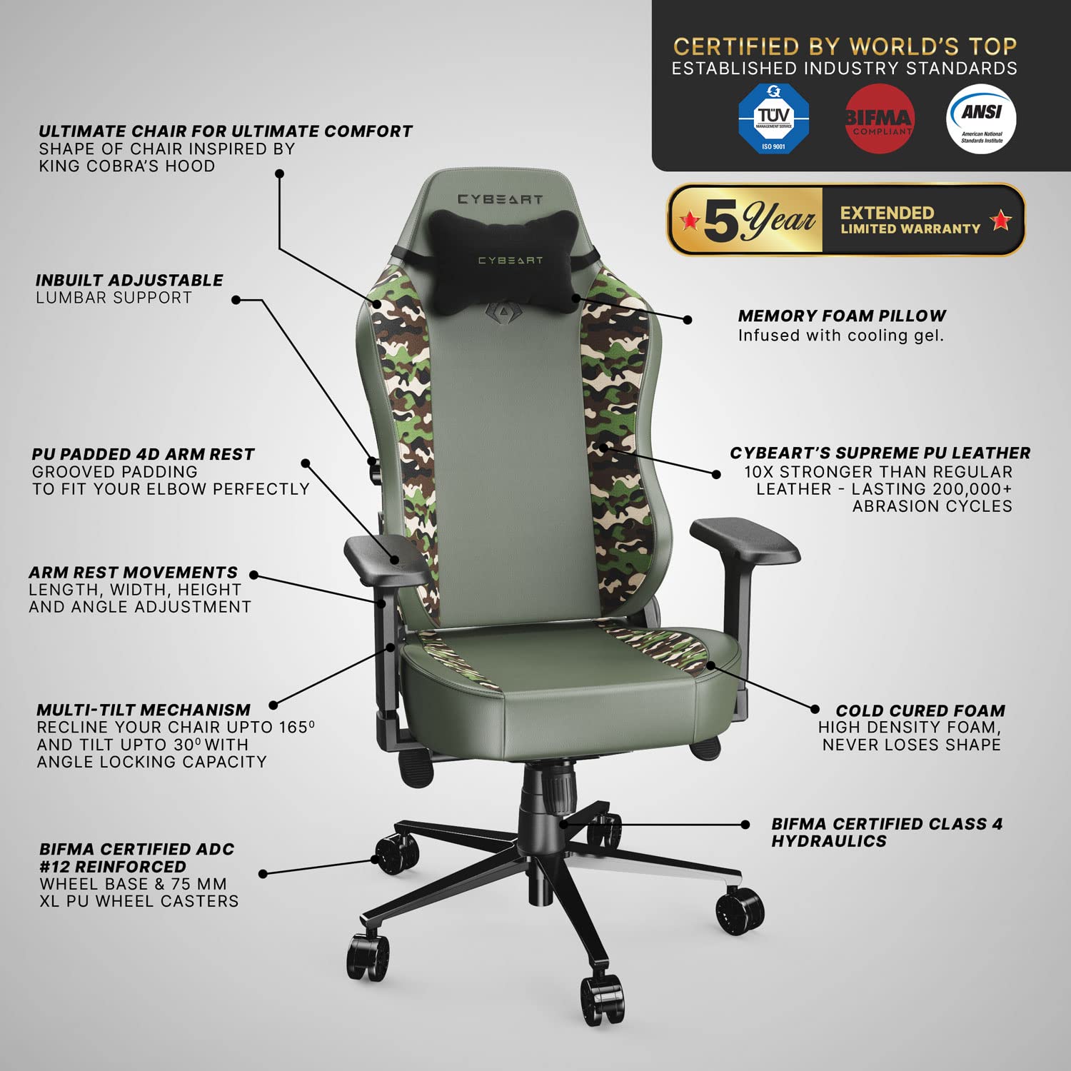 CYBEART Forest Camo Gaming Office Chair 4D Armrest Inbuilt Lumbar Support Supreme PU Leather, Ergonomic, Recline & Tilt