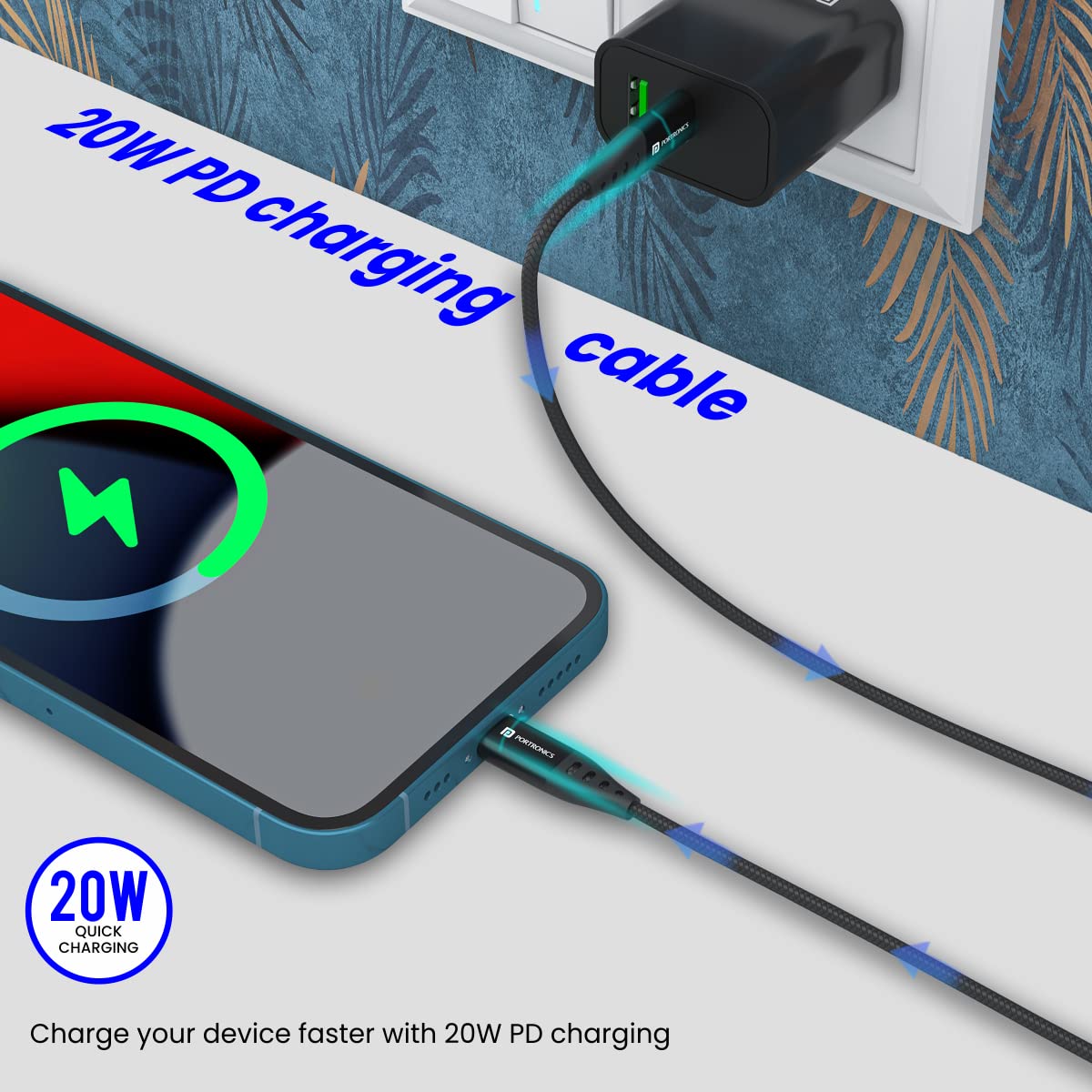 PORTRONICS Konnect L1 Type C to 8Pine | Nylon braided | quick data transfer | Type-C | Tangle free - | Buy Online at Shwetha Computers